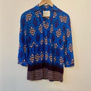 Maeve Shirt Women’s Blue Geometric Anthropologie Boho Peasant Aztec Top Size 2